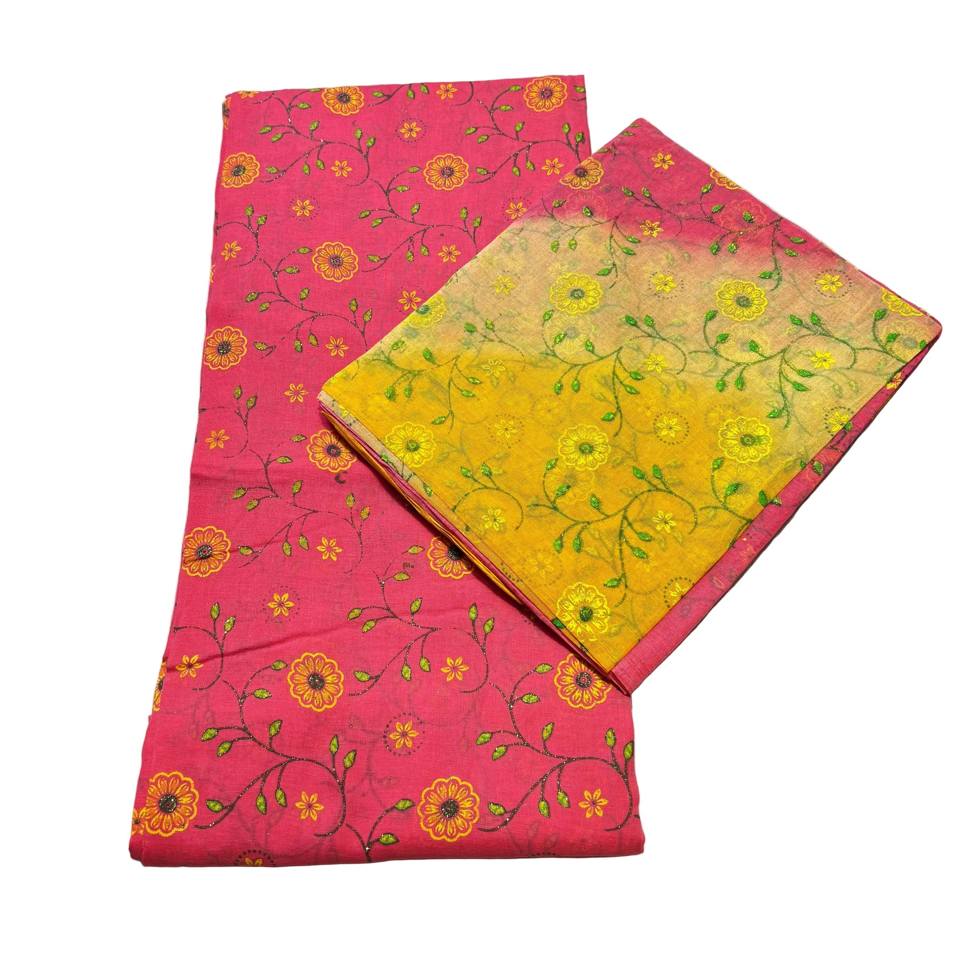 Two fabric swatches, one pink with floral pattern and one yellow with green leaves, on a light gray background.