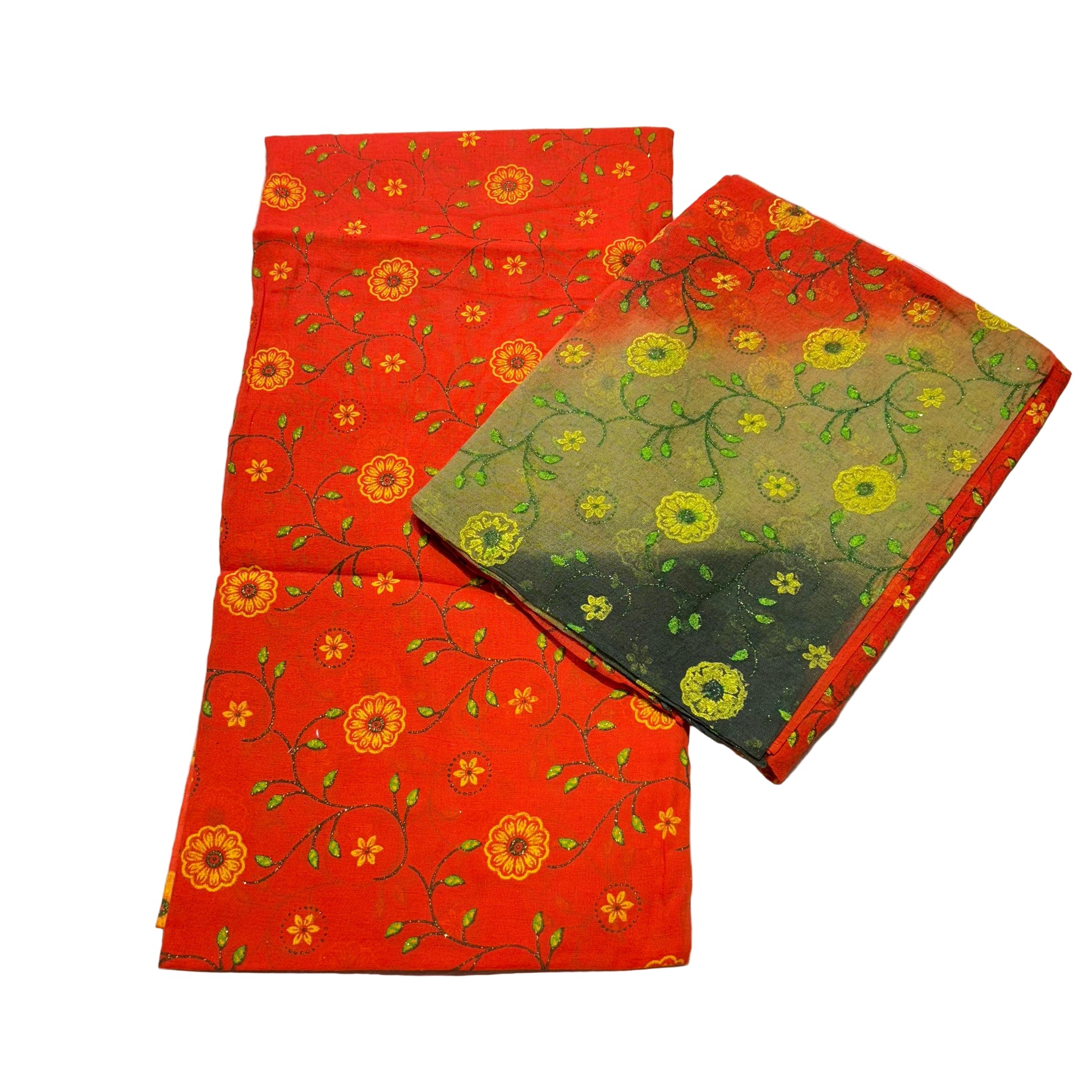 Two fabric swatches with floral patterns on a textured surface
