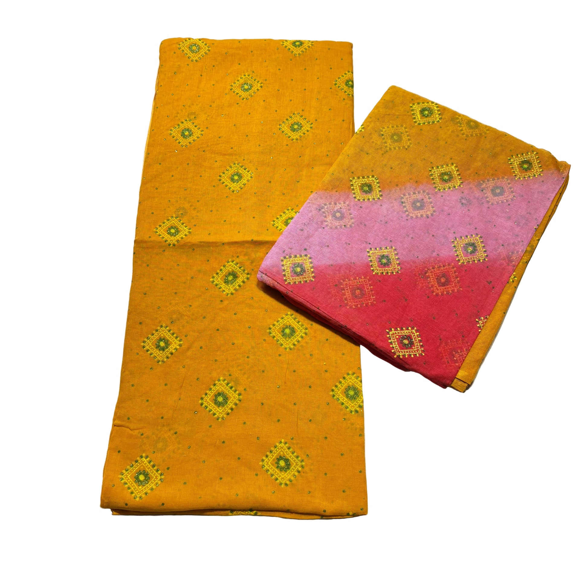 Two folded fabric pieces with yellow and pink patterns on a white background