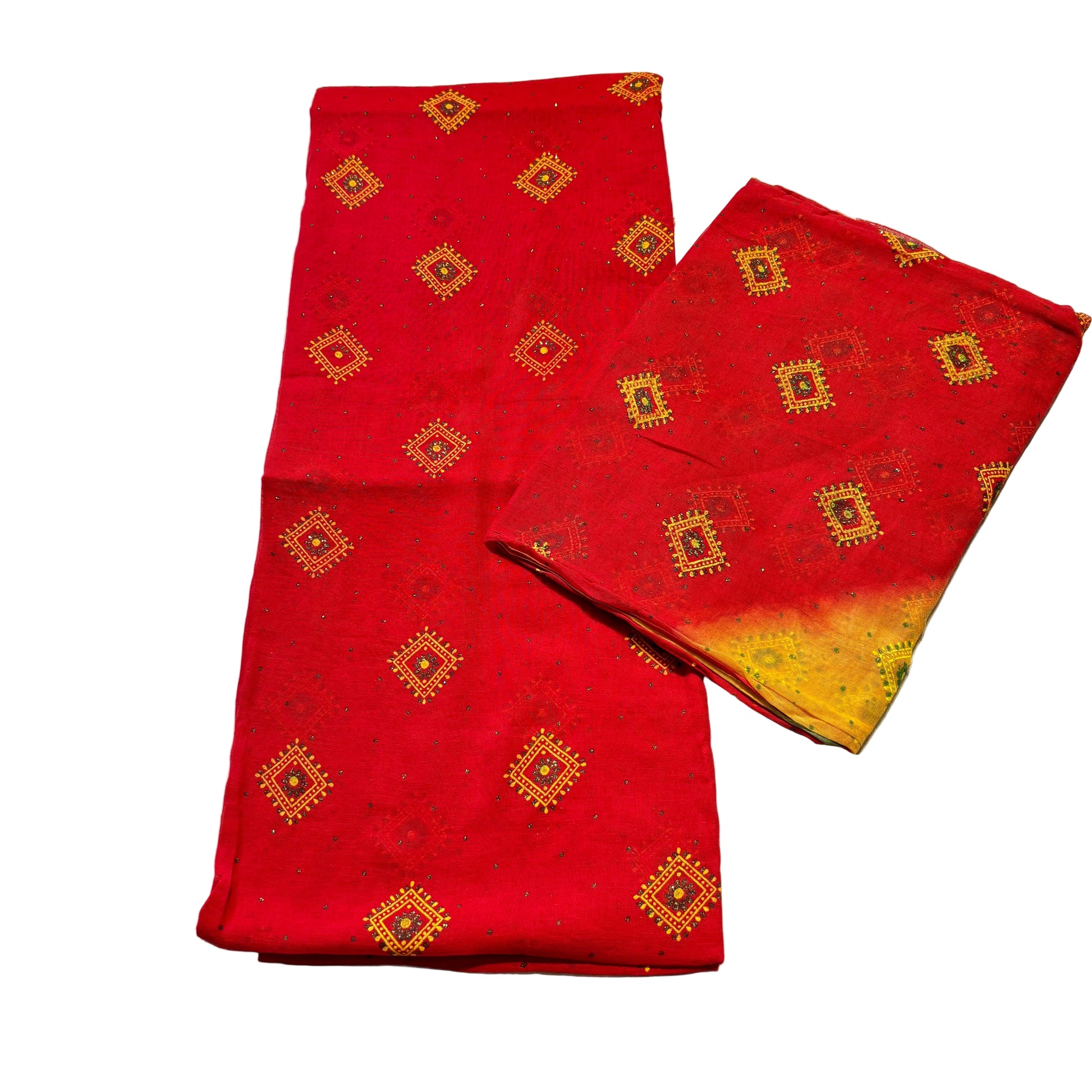 Red fabric with gold patterns on a white background