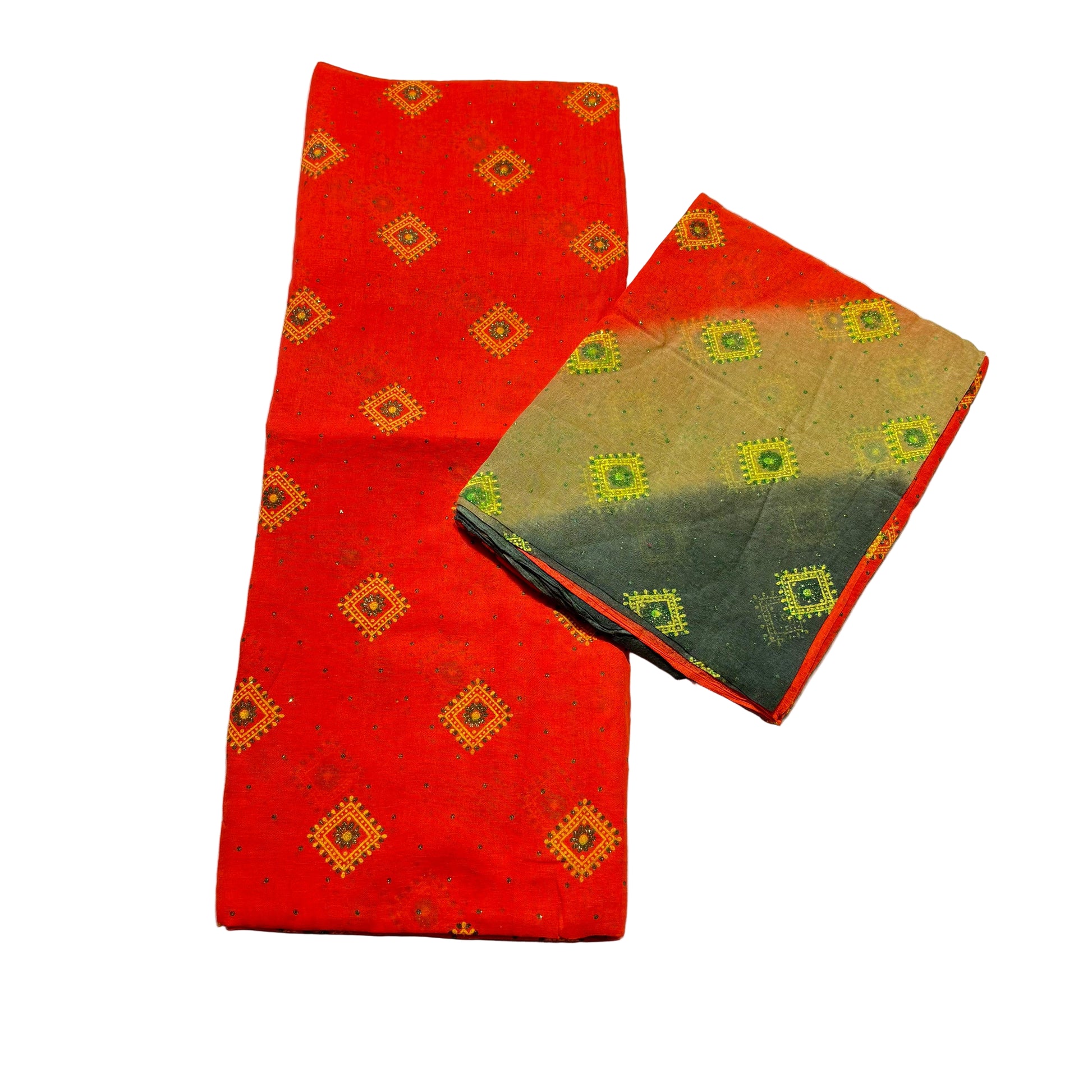 Red fabric with yellow patterns and green fabric with yellow patterns on a white background
