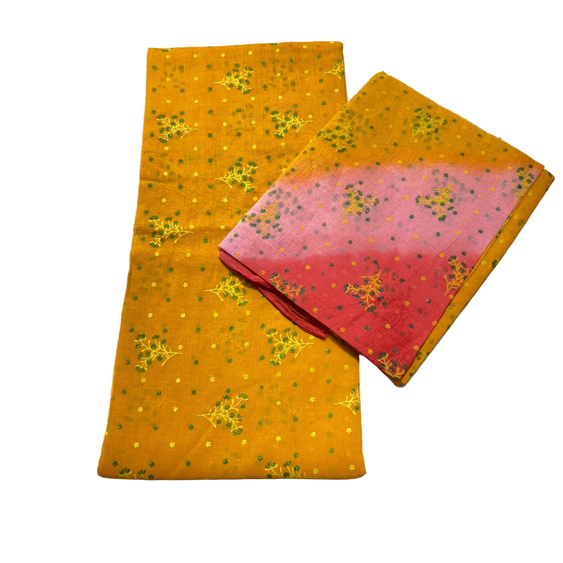 Two fabric swatches, one yellow with a pattern and one pink with a pattern, on a textured surface.
