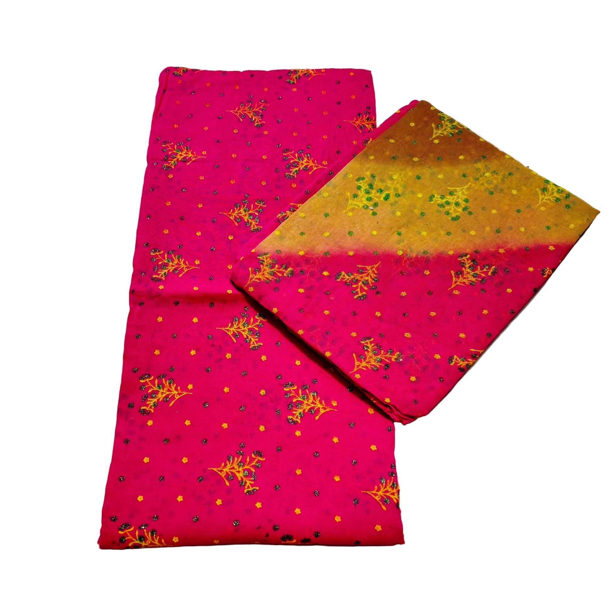 Two folded fabric pieces, one pink with yellow patterns and the other yellow with red patterns, on a light gray background.