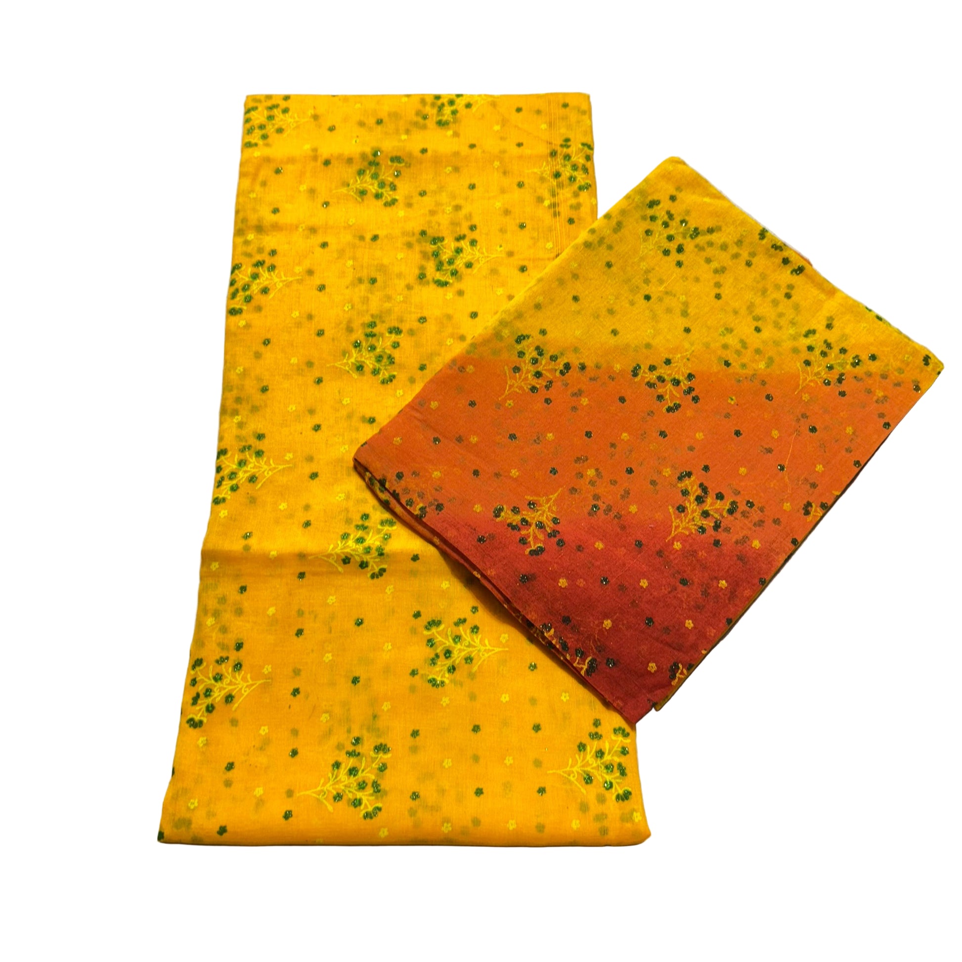Two pieces of fabric, one yellow with green specks and one orange with black specks, on a textured surface.
