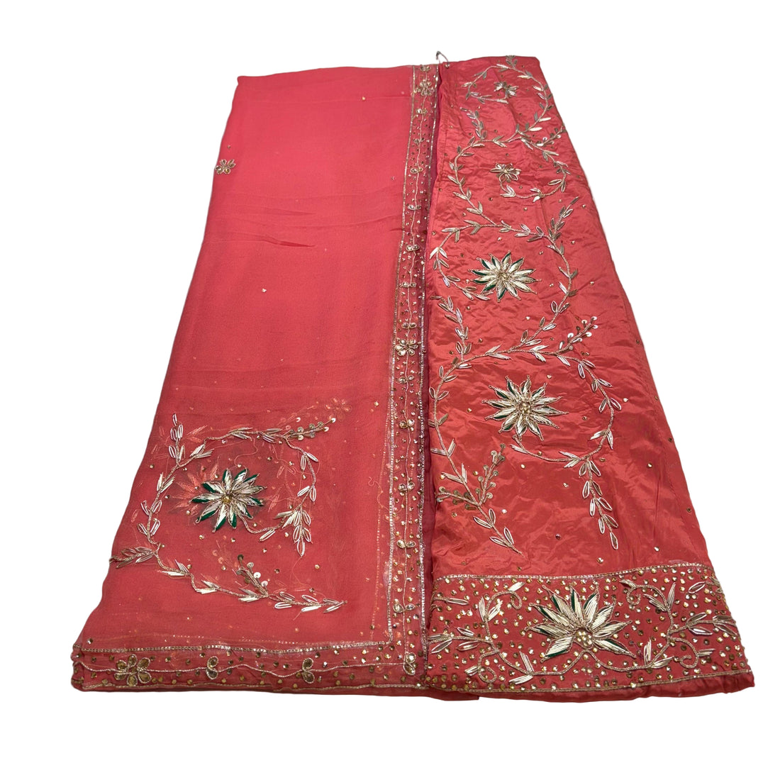 Rajputi Poshak – Zardozi Work Crepe – Red & Peach with Pure Odhni – Ganga Rajputi Poshak, Bikaner