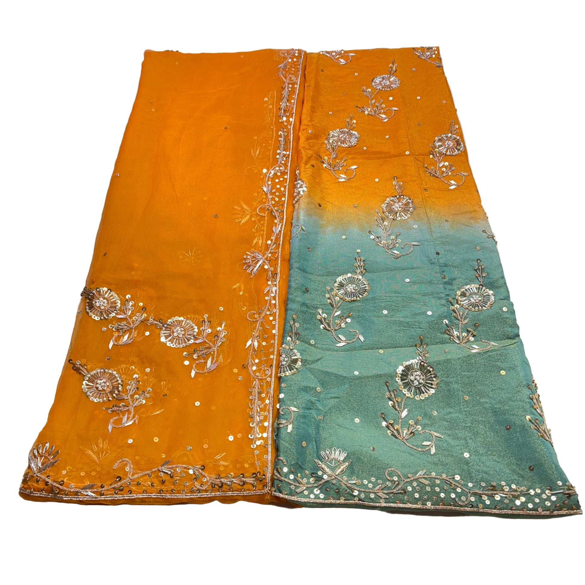 Two pieces of fabric with floral embroidery, one orange and one green, on a white background.
