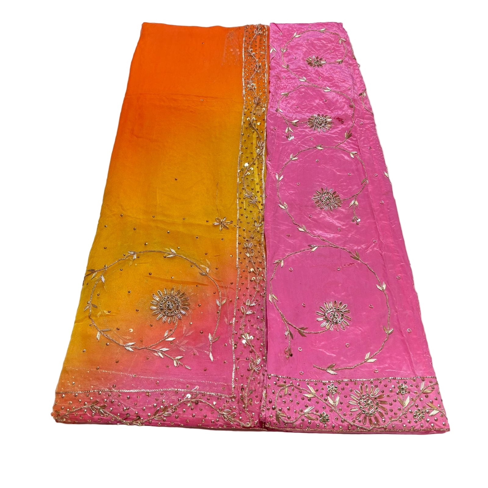 Two embroidered fabric panels, one orange and yellow, the other pink, on a white background.