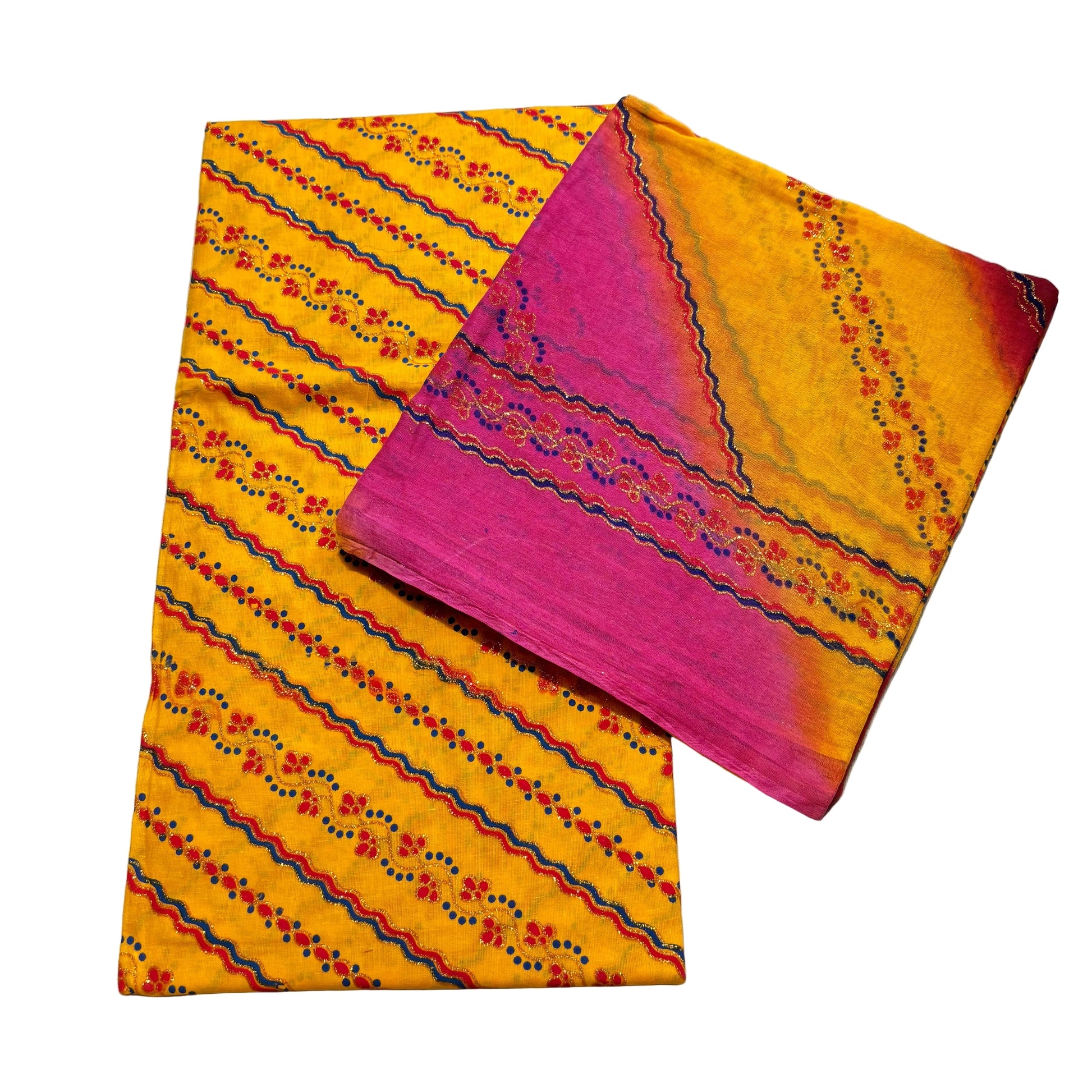 Yellow fabric with pink border on a gray background