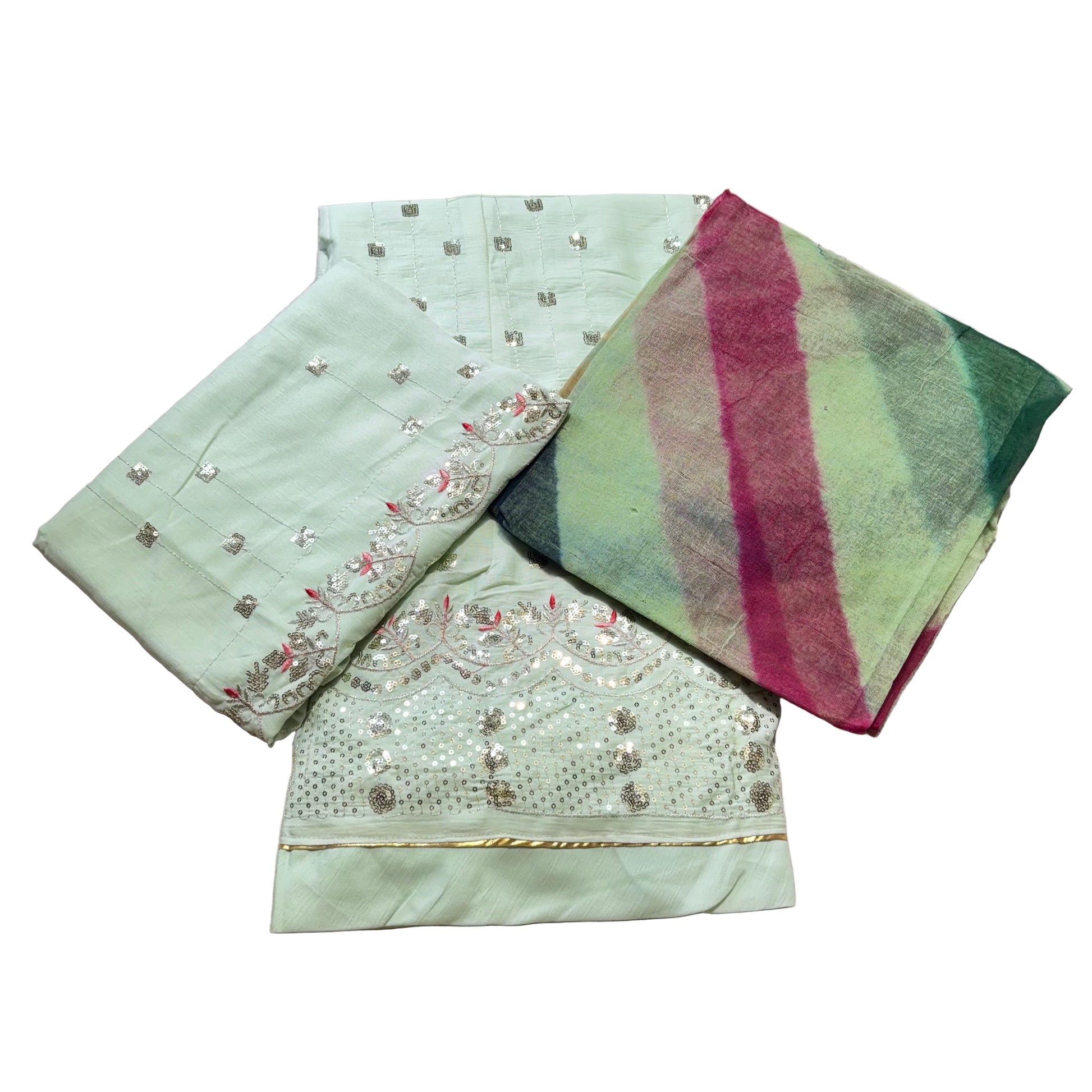 ✨ Cotton Poshak with Tari & Thread Embroidery – Multicolor Sarbati Poth Odhni