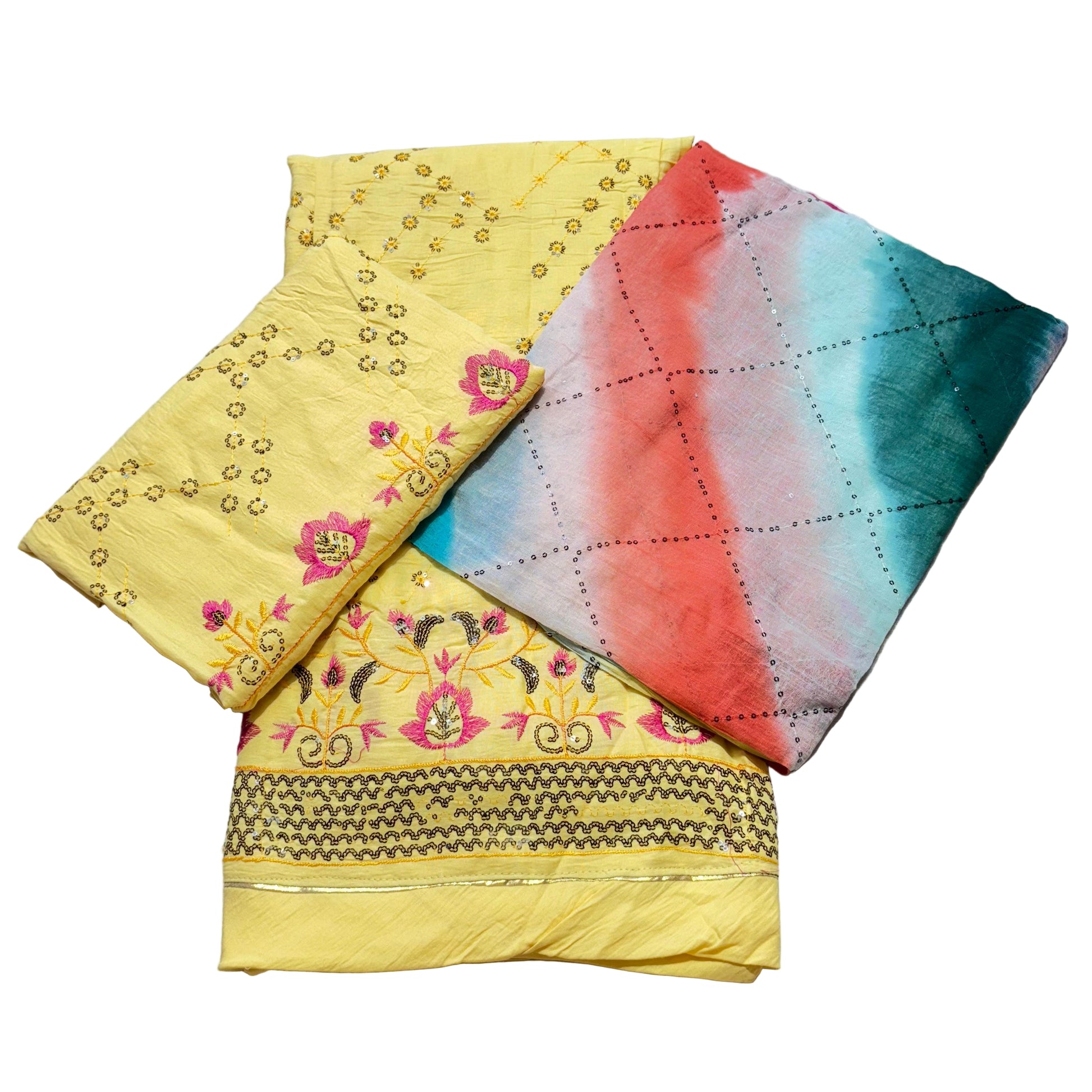 Two fabric pieces, one yellow with floral patterns and the other multicolored, on a light gray background.