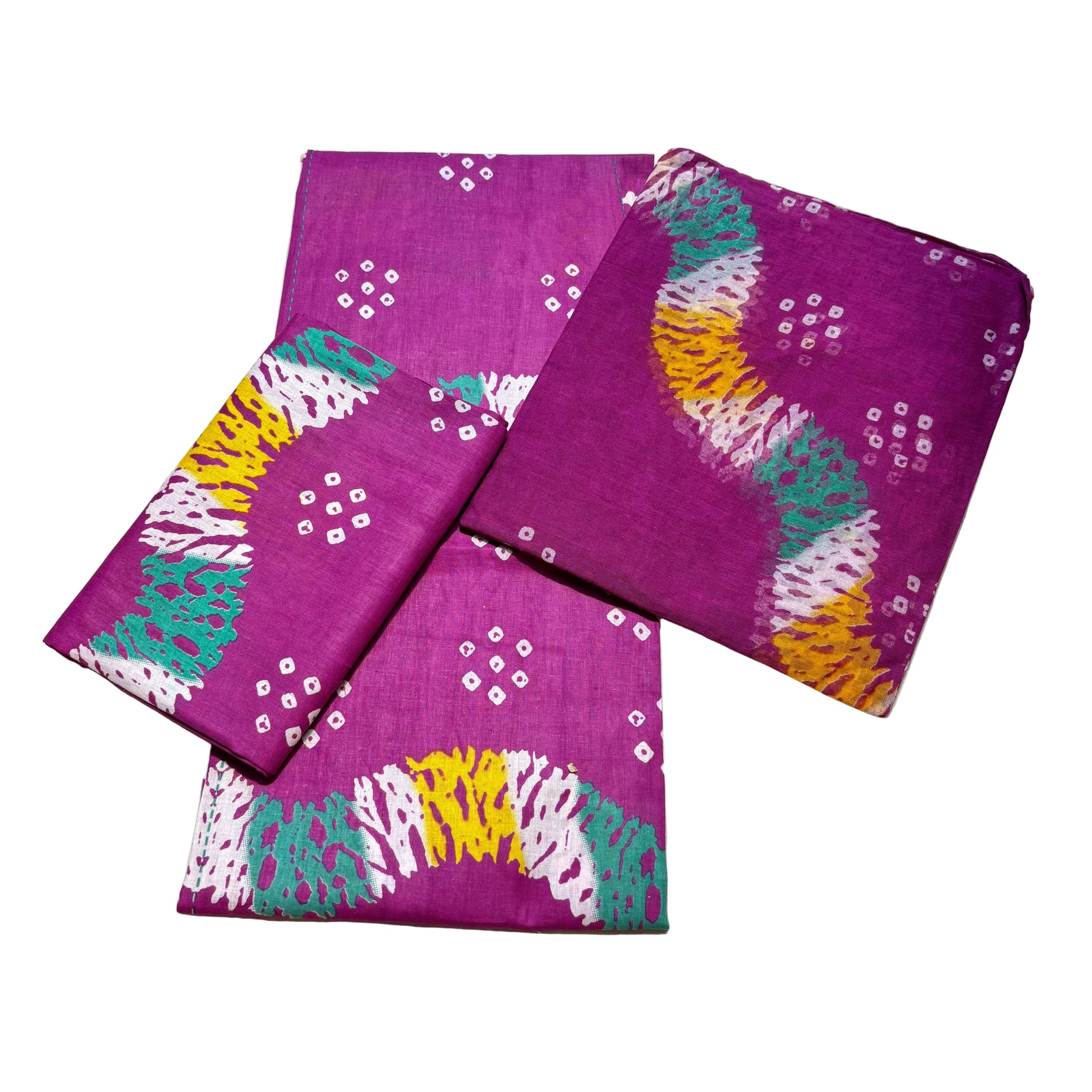 Purple fabric with colorful patterns on a light gray background