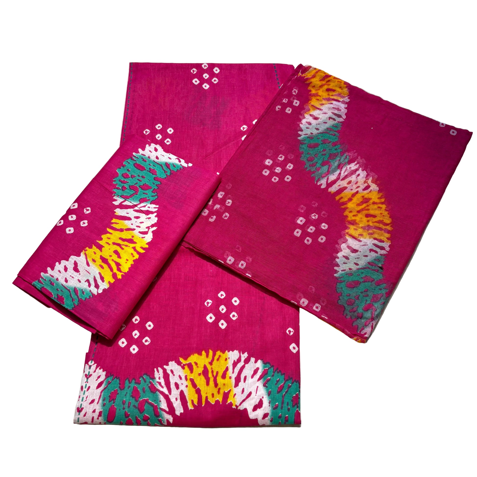 Two pink bandanas with colorful patterns on a beige surface