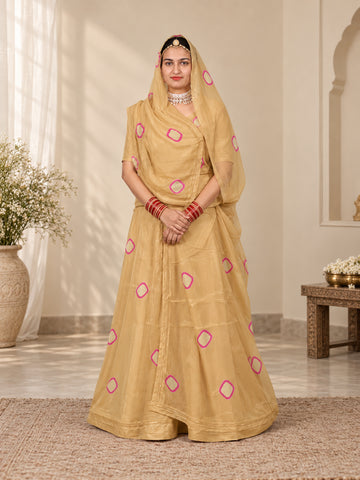 Bati Pure Natural Crepe Suit – Golden Yellow with Peach Bati Print | Premium Traditional Dress Material for Women