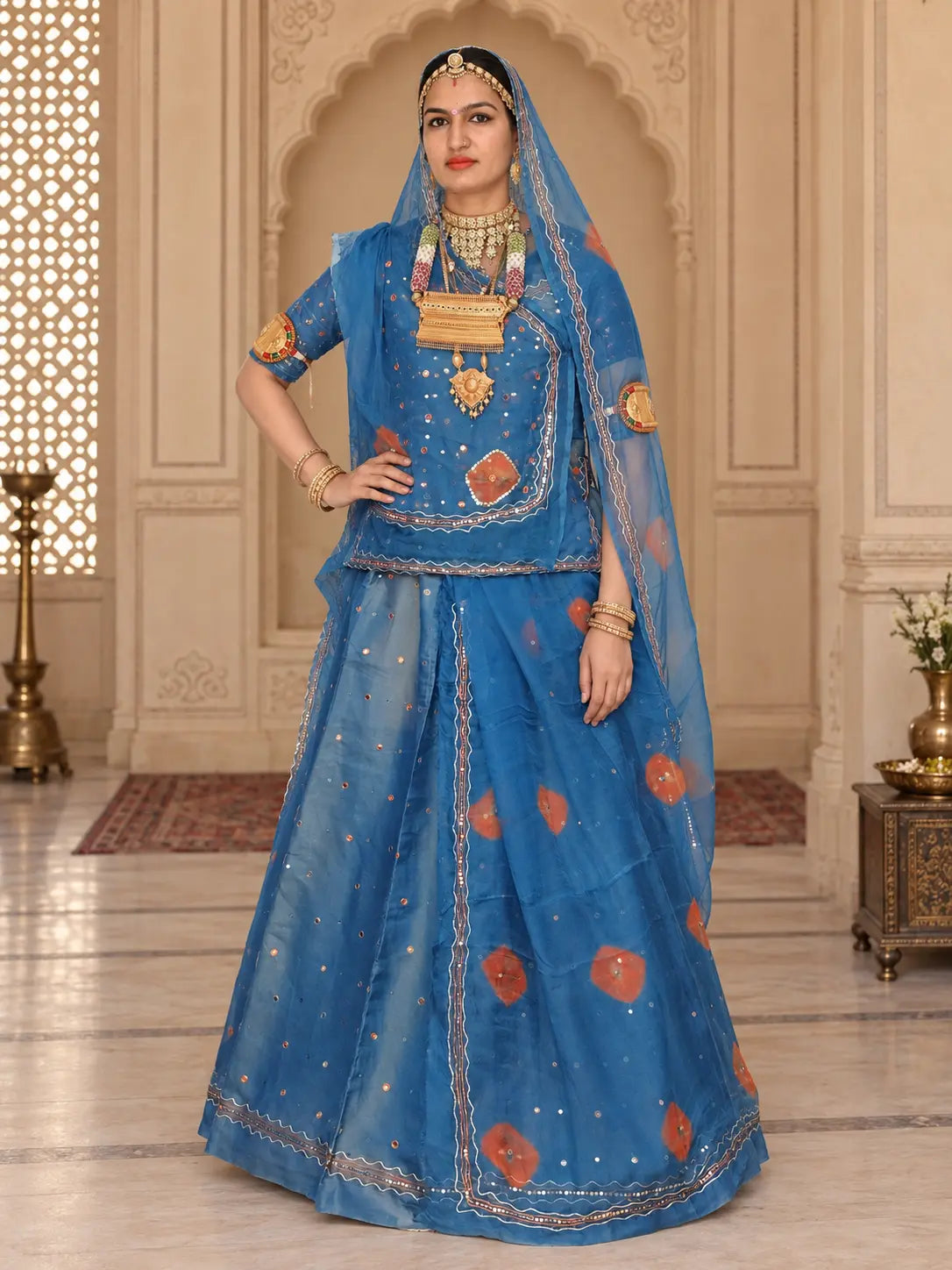 Blue Rajputi poshak in pure tissue, full set with mukesh tari kurti, lehenga and pure odhni