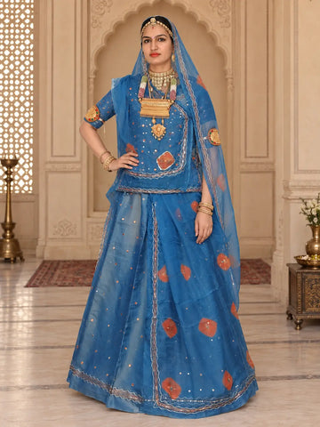 Blue Rajputi poshak in pure tissue, full set with mukesh tari kurti, lehenga and pure odhni