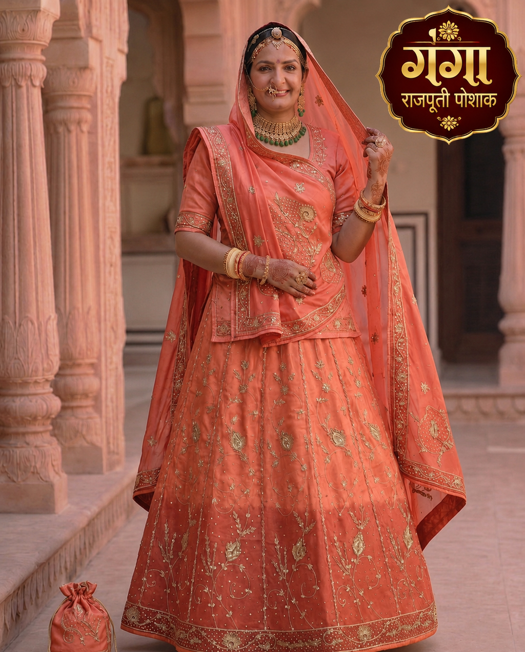 Double Colour Shaded Half Pure Rajputi Poshak with Humrahi Odhni | Natural Crepe Fabric | Heavy Zardoji Work | Peach Coral