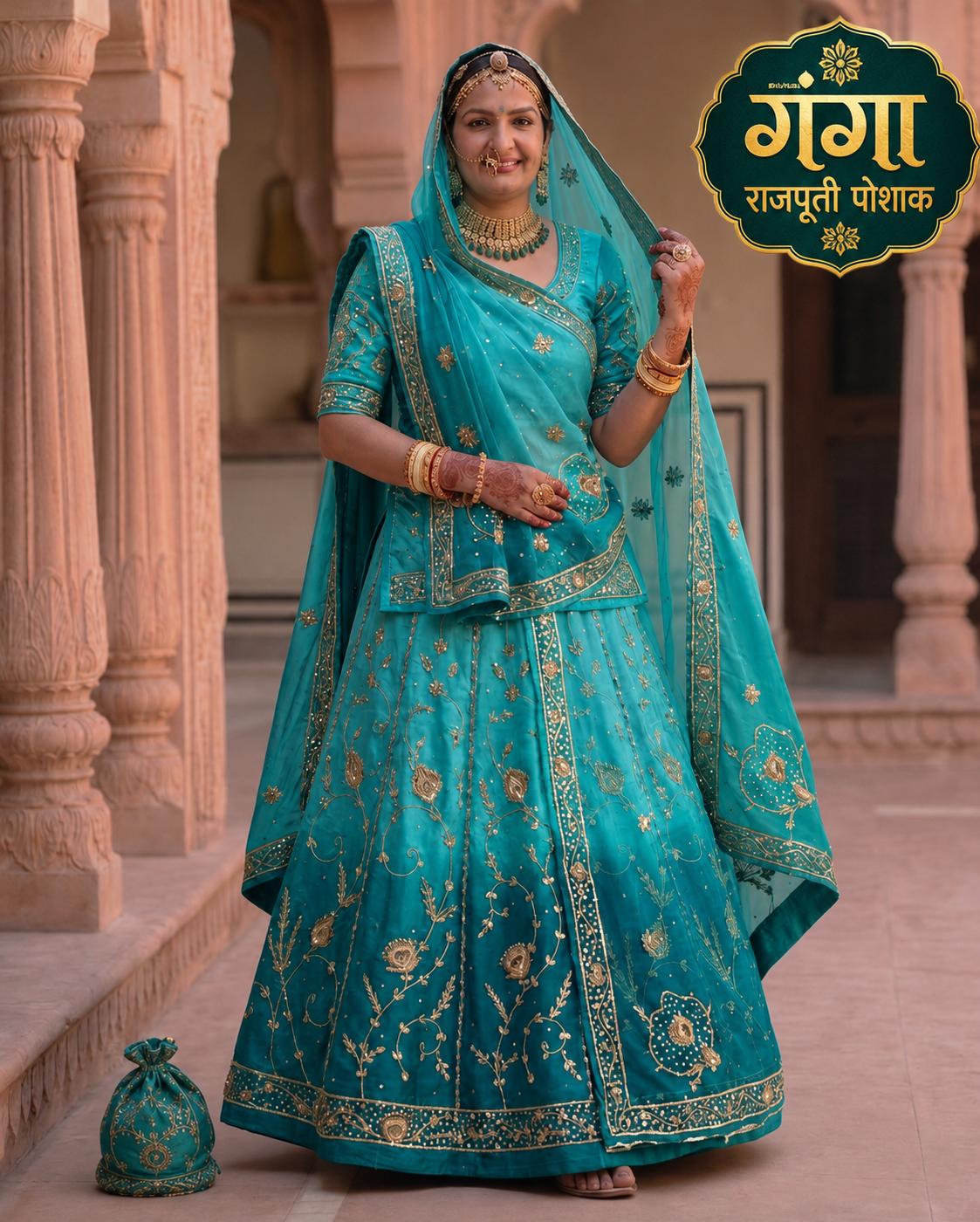 Double Colour Shaded Half Pure Rajputi Poshak with Humrahi Odhni | Natural Crepe Fabric | Zardoji Work | Peacock Blue & Teal Green