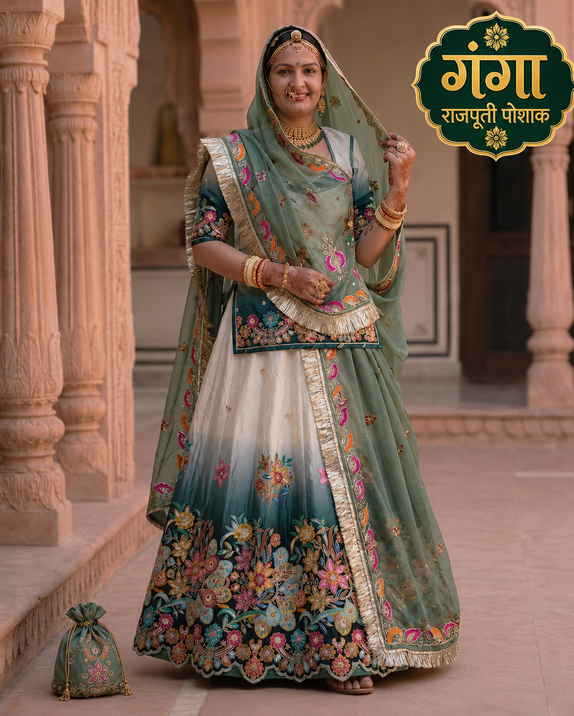 Sea Green & Ivory Cutwork Border Rajputi Poshak with Pure Odhni | Natural Crepe Fabric | Zari Embroidery Work