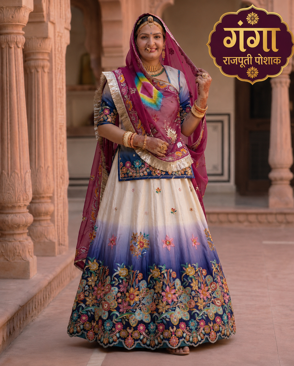 Navy Blue & Ivory Cutwork Border Natural Crepe Rajputi Poshak | Pure Kapda with Zari Embroidery Work