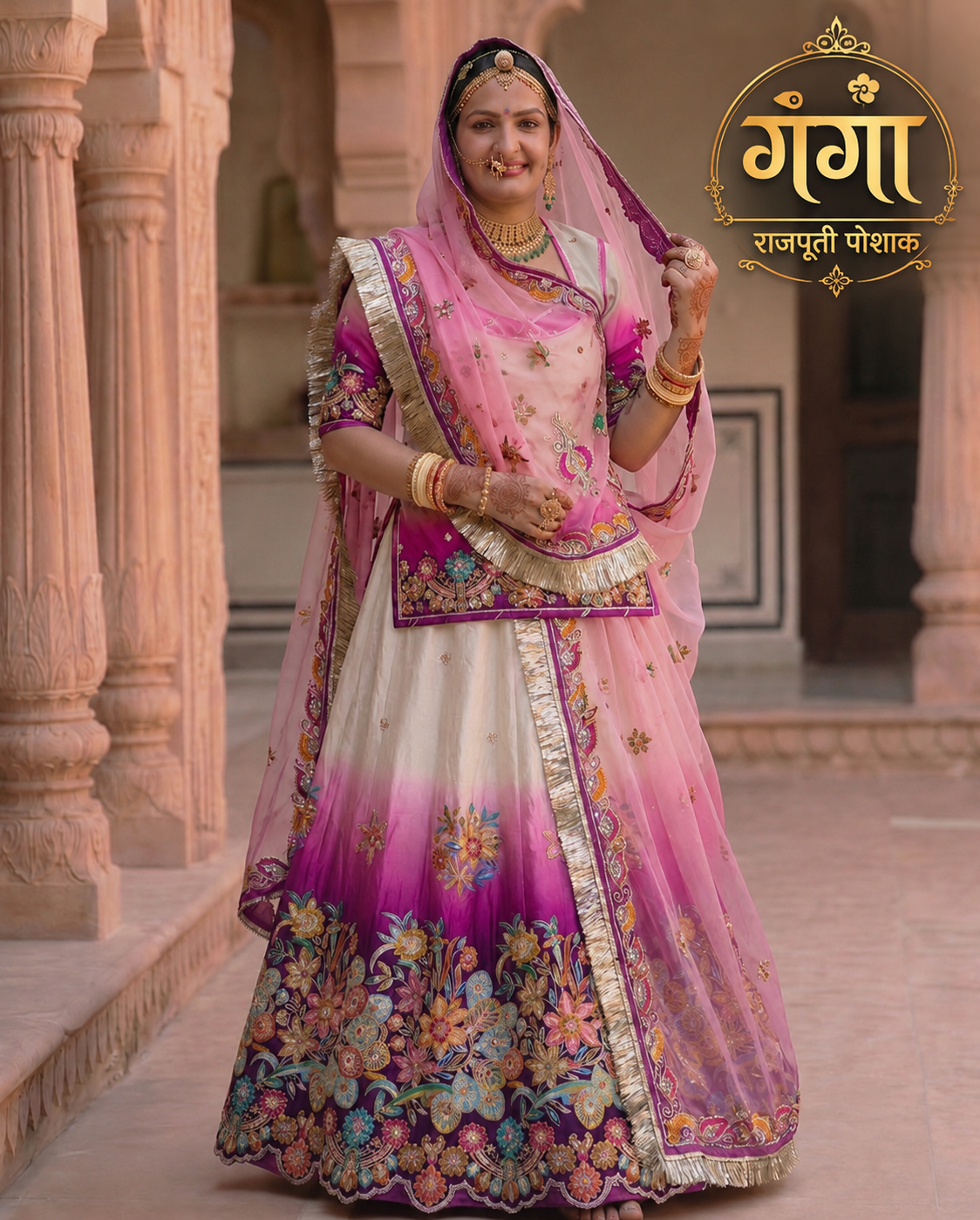 Pink & Purple Cutwork Border Pure Natural Crepe Rajputi Poshak Fabric with Zari Embroidery Work | Designer Dress Material