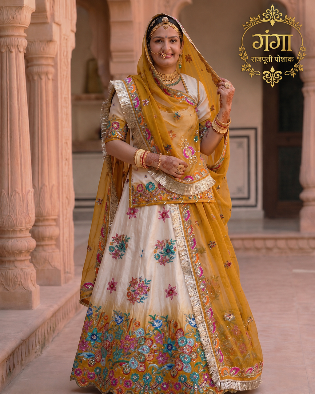 Mustard Yellow & Off White Cutwork Border Pure Rajputi Poshak | Natural Crepe Fabric | Zari Work Embroidery