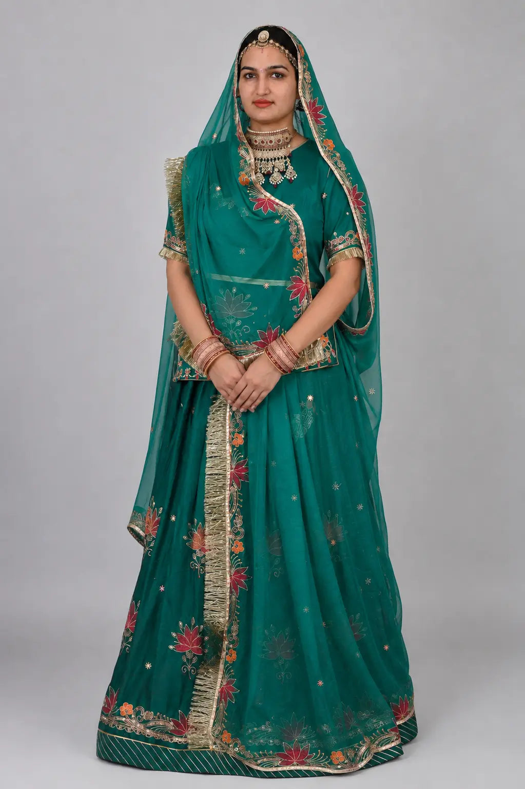 Rajputi Poshak – Small Butti Zardoji & Sequin Crepe – Turquoise Blue