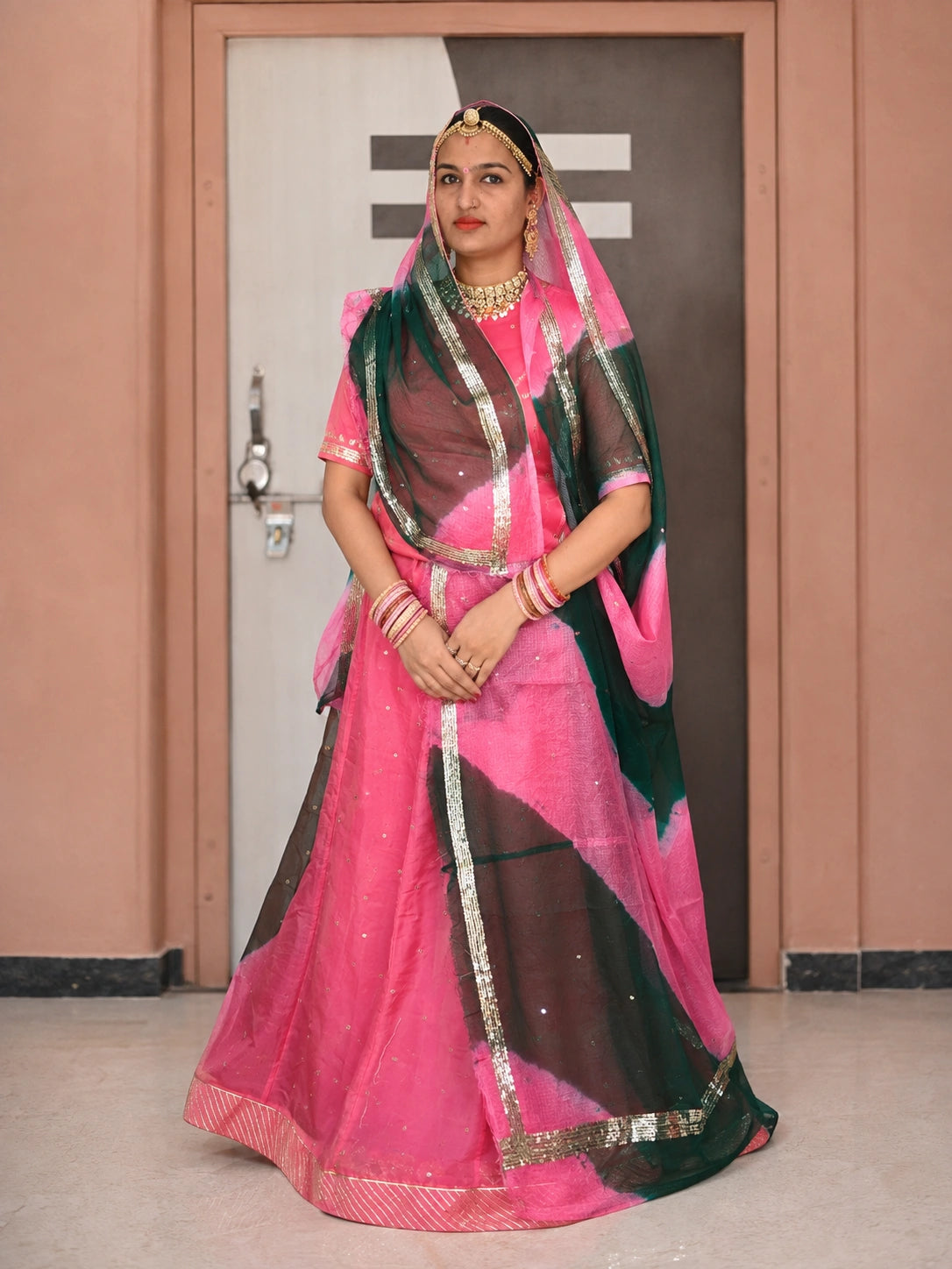 Rajputi Poshak - Tissue Pure With Doria Odhni - Coral Pink With Double Colour Doria Odhni