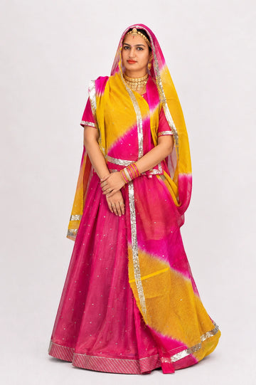 Rajputi poshak - Tissue Pure With Doria Odhni - Pink With Double Colour Doria Odhni