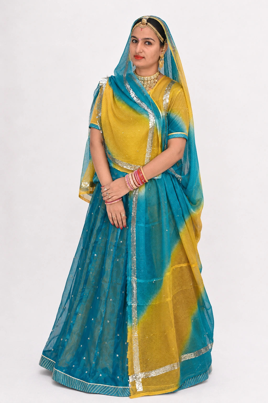 Rajputi poshak - Tissue Pure with Doria Odhni - Steel Blue With Double Colour Doria Odhni