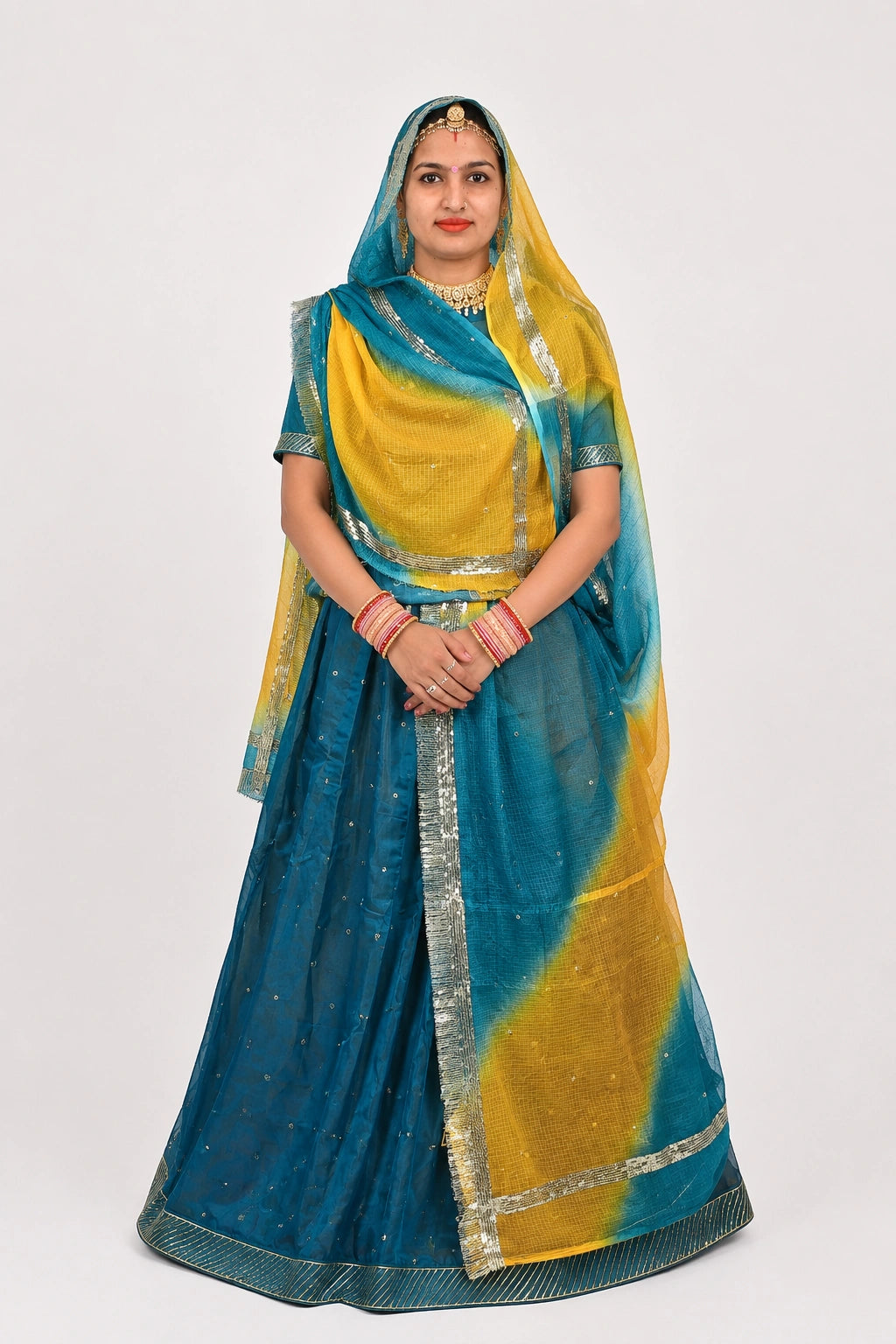 Rajputi poshak - Tissue Pure with Doria Odhni - Steel Blue With Double Colour Doria Odhni