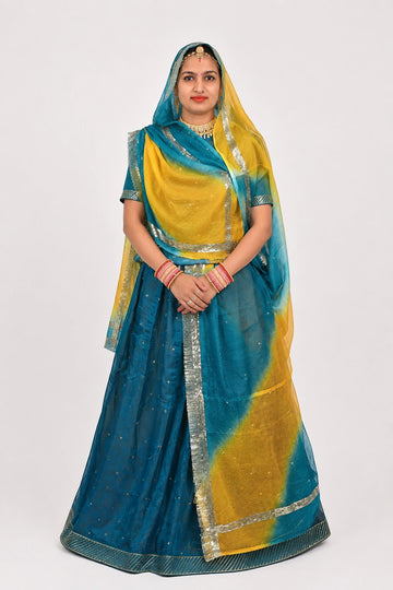 Rajputi poshak - Tissue Pure with Doria Odhni - Steel Blue With Double Colour Doria Odhni