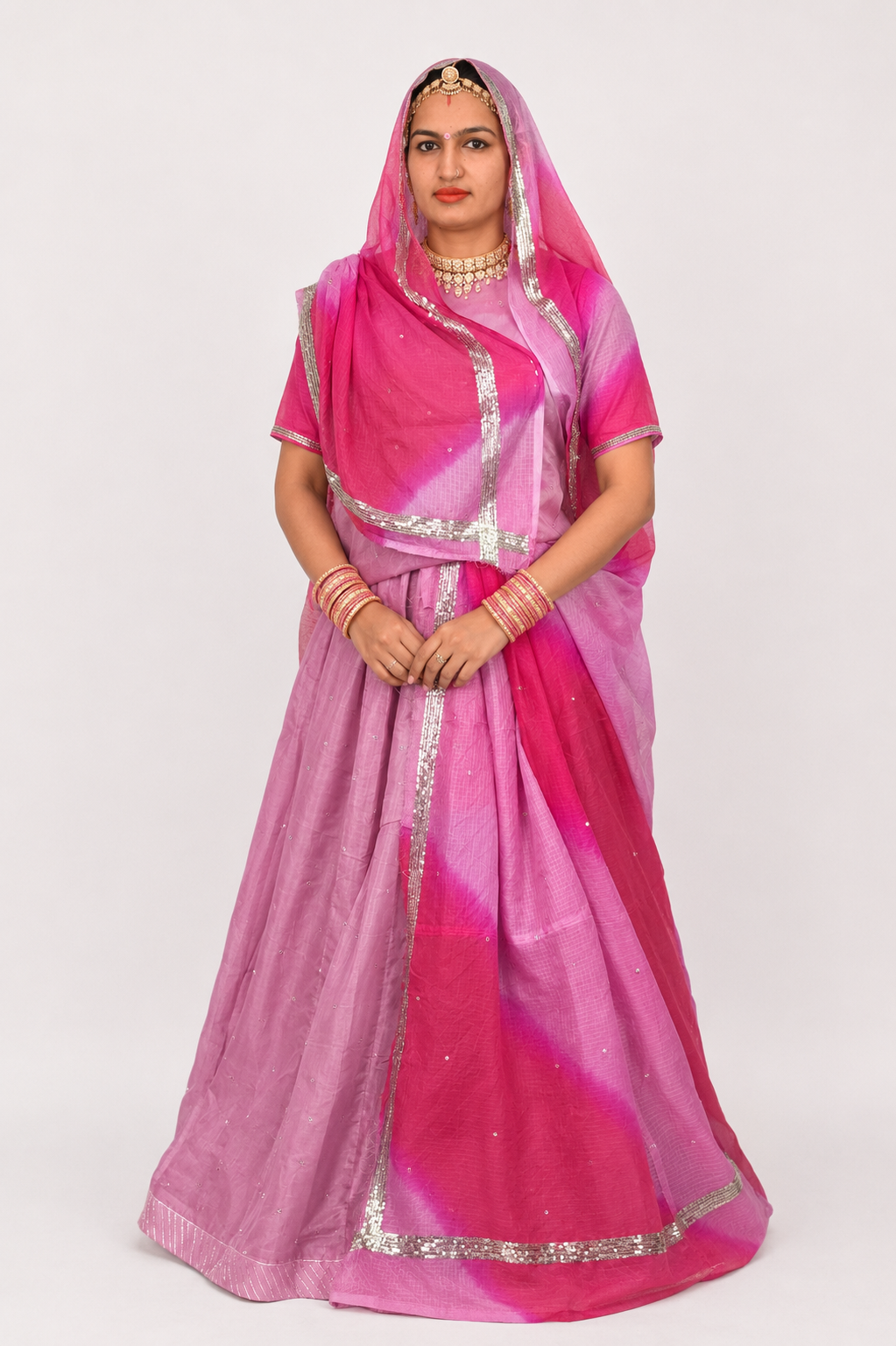 Rajputi Poshak - Tissue Pure With Doria Odhni - Rose Pink With Double Colour Doria Odhni