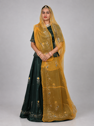 Rajputi Dress - Natural Crepe Pure Fabric With Zari Work - Dark Olive Green With Orange Tora Odhni