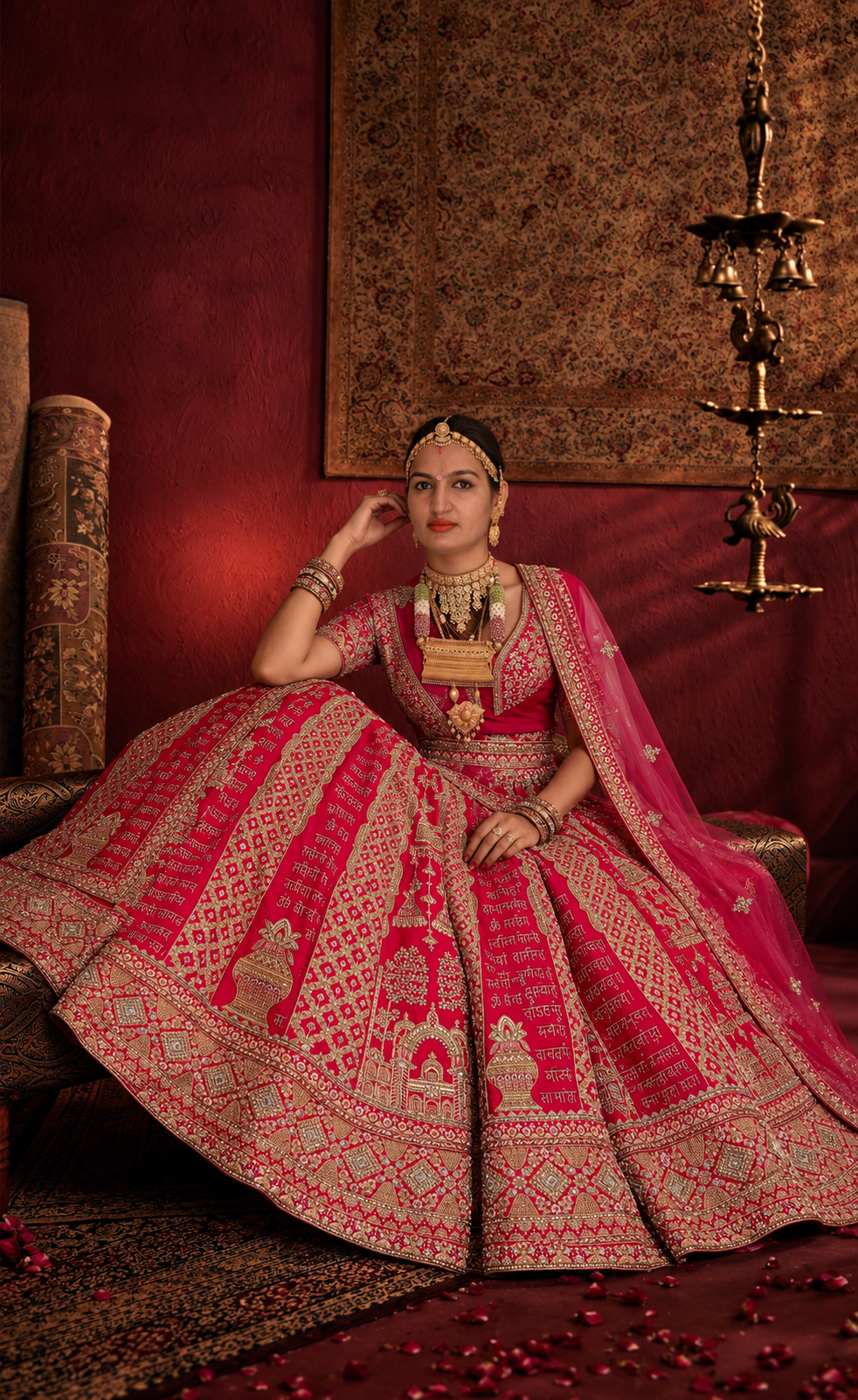 Rich Red Bridal Silk Lehenga with Sanskrit Shloka Embroidery & Temple Motifs