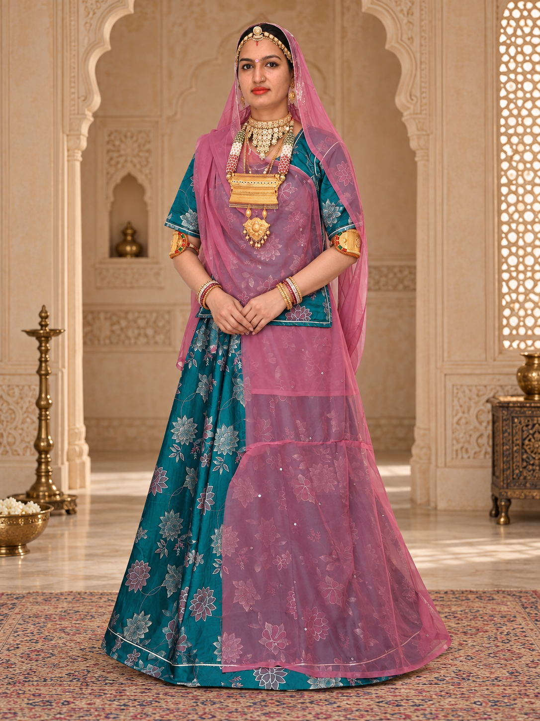 A woman models a traditional Indian rajputi poshak outfit in sage green and black with gold embroidery, set against an ornate, historic interior with arches and brass lamps.