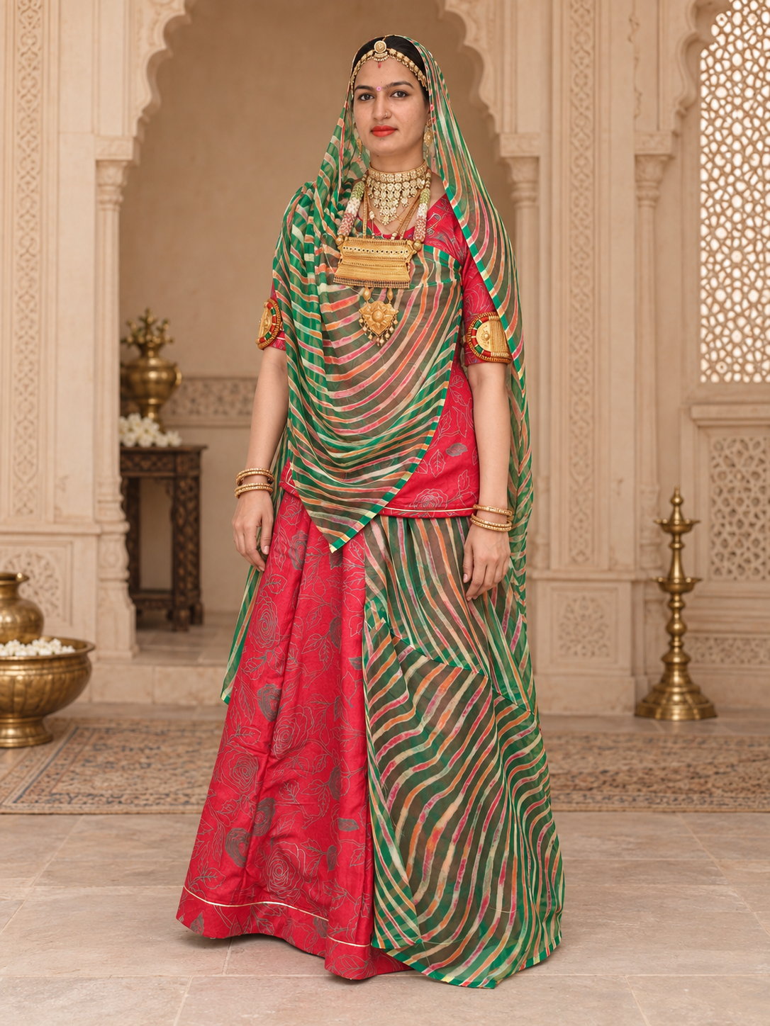 A woman models a traditional Indian rajputi suit outfit in sage green and black with gold embroidery, set against an ornate, historic interior with arches and brass lamps.
