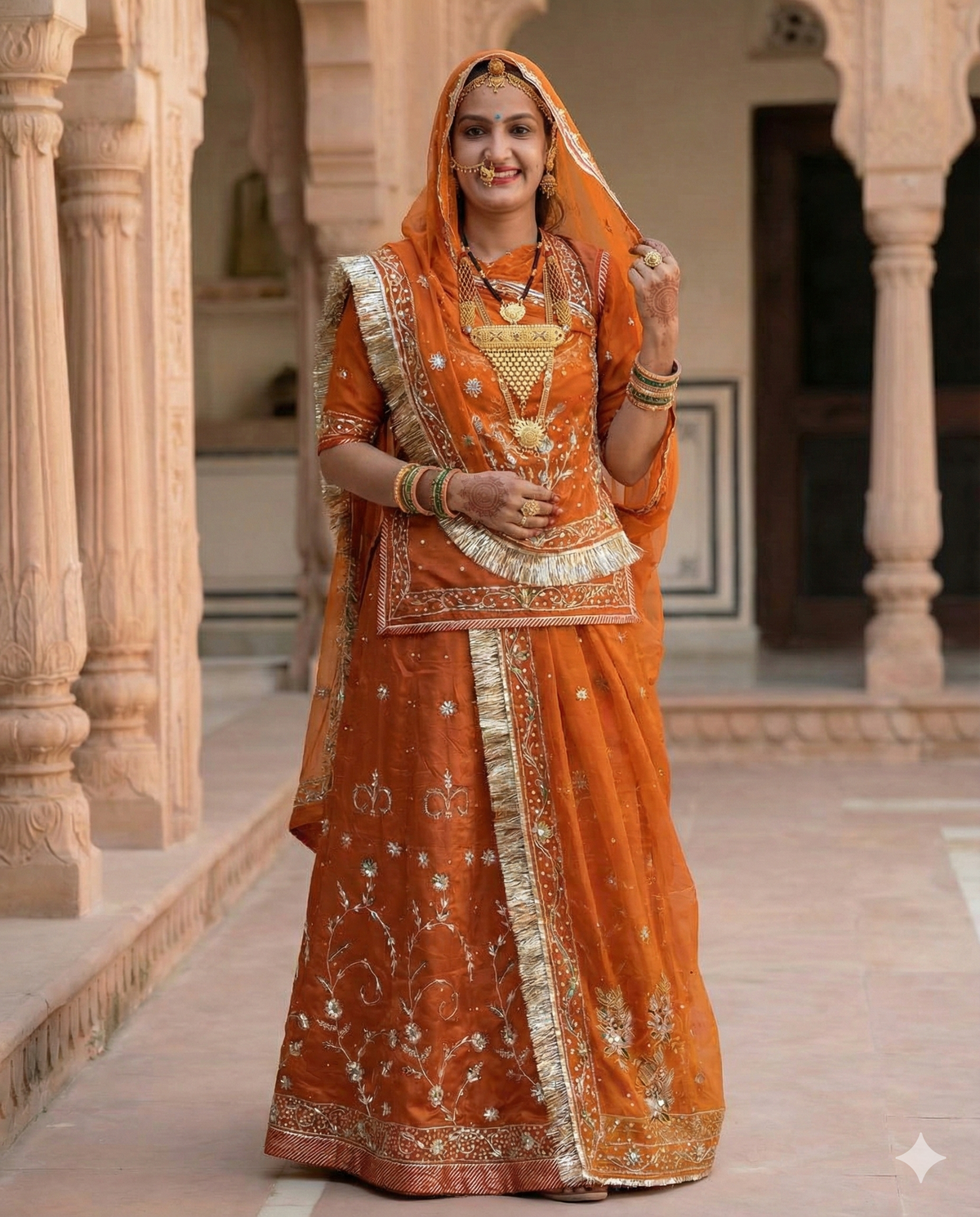 Woman in traditional orange and gold embroidered saree standing in a historical architectural setting.