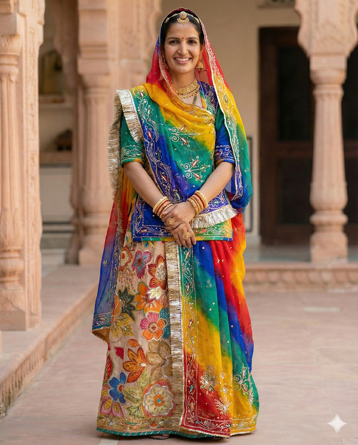 Woman in a colorful traditional outfit standing in an architectural setting.