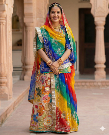 Woman in a colorful traditional outfit standing in an architectural setting.