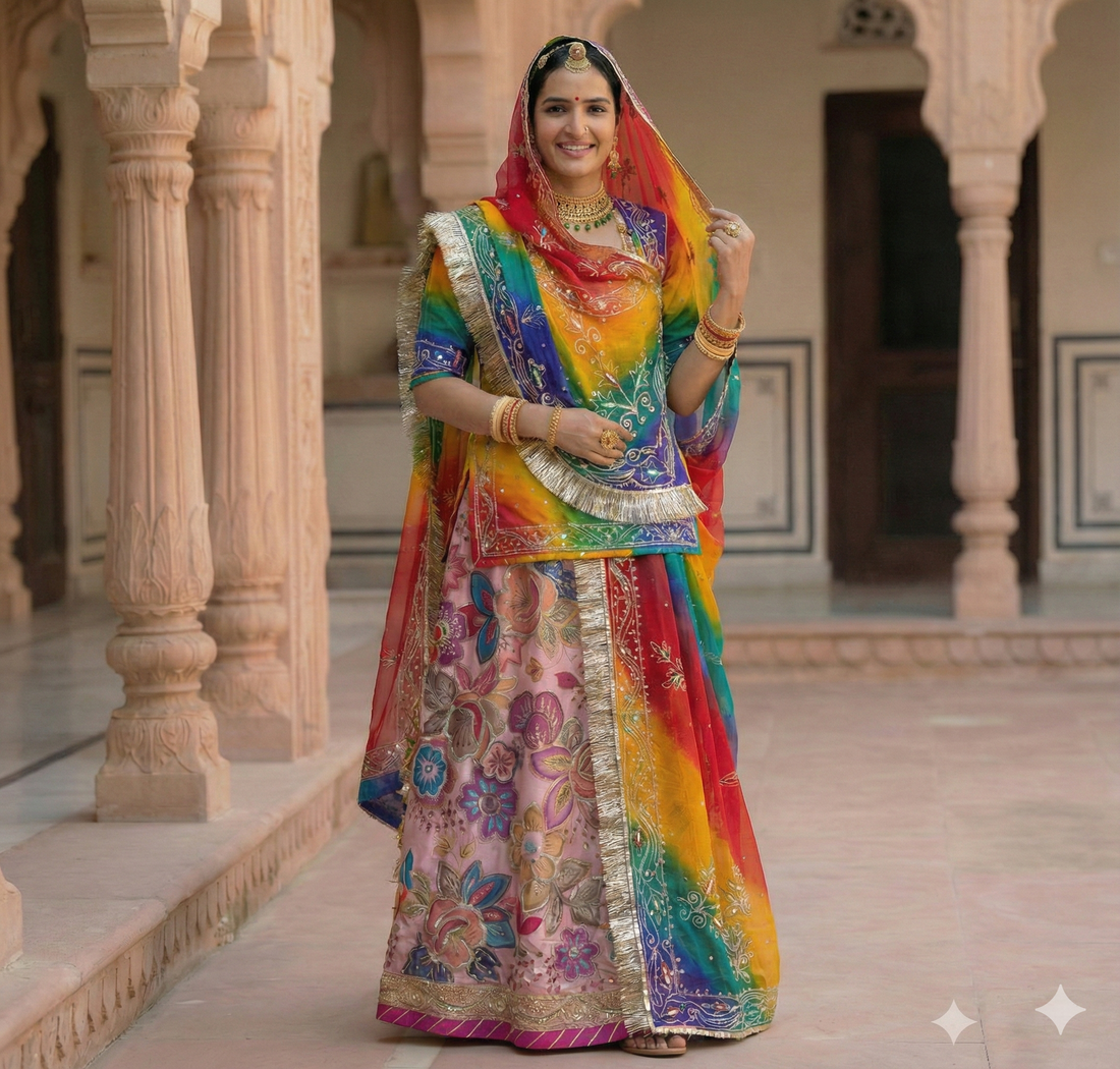 Woman in a colorful traditional outfit standing in an architectural setting.