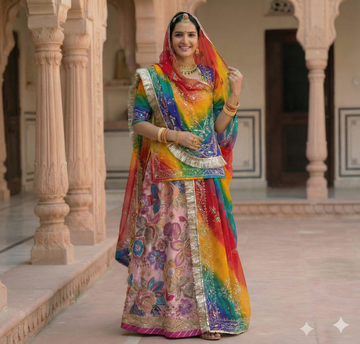 Woman in a colorful traditional outfit standing in an architectural setting.