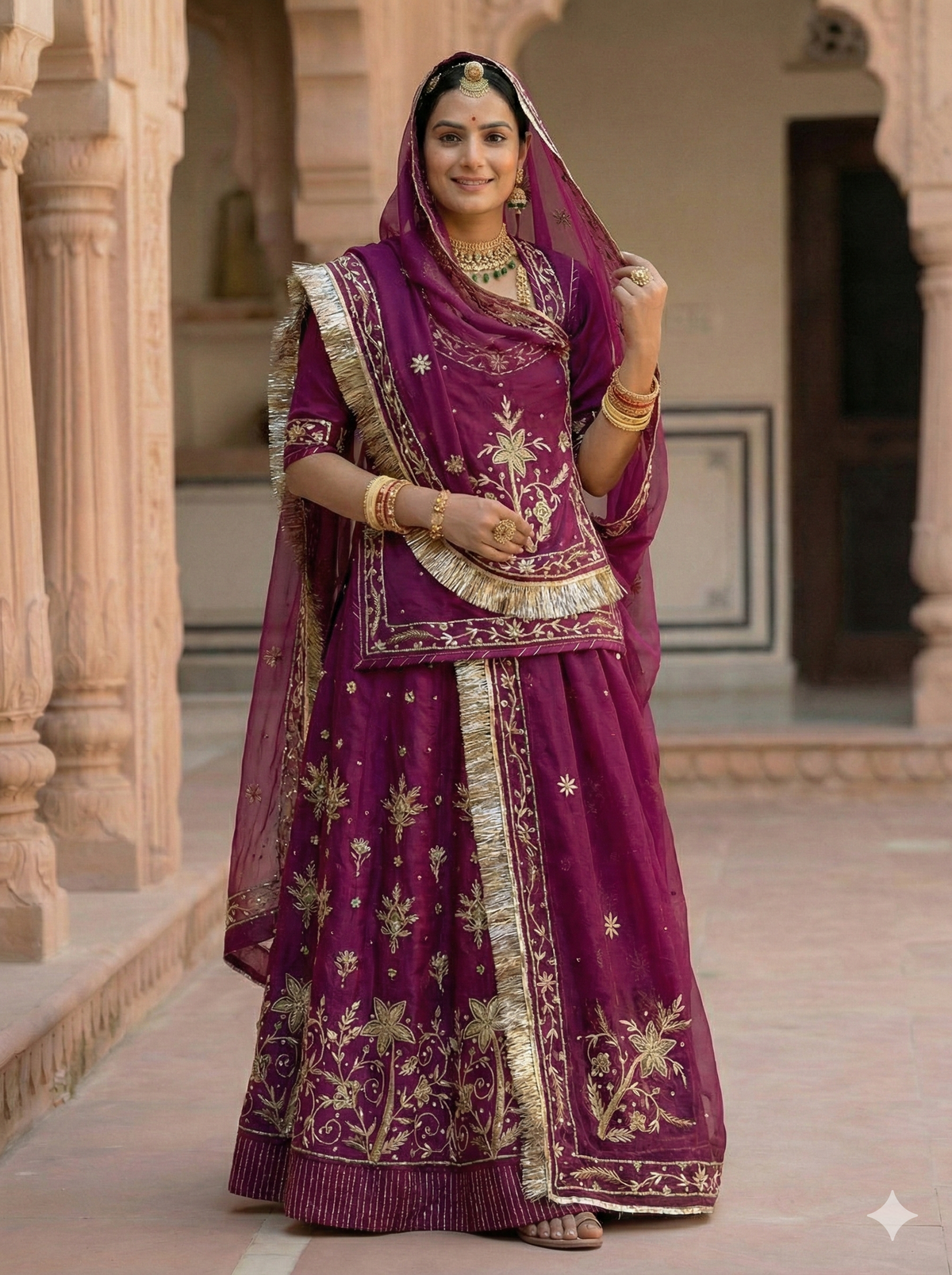 Woman in a traditional purple embroidered outfit standing in an architectural setting.