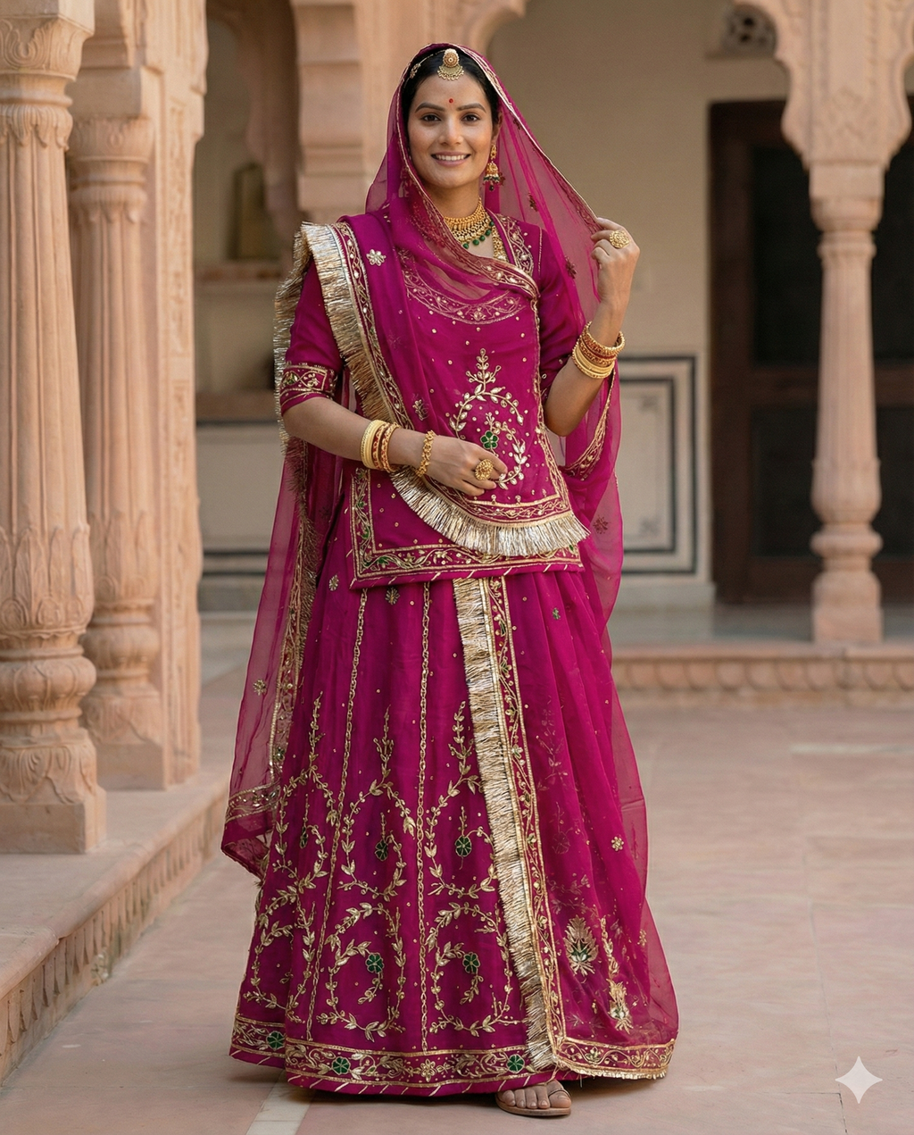 Woman in a traditional pink and gold embroidered outfit standing in an architectural setting.