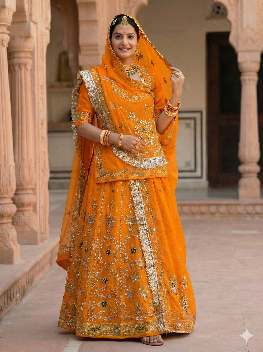 Woman in traditional orange and gold embroidered saree standing in a decorative outdoor setting.
