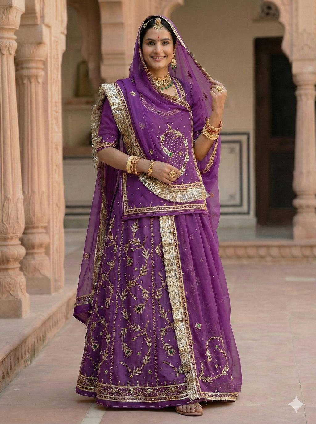 Woman in a traditional purple and gold outfit standing in an architectural setting.