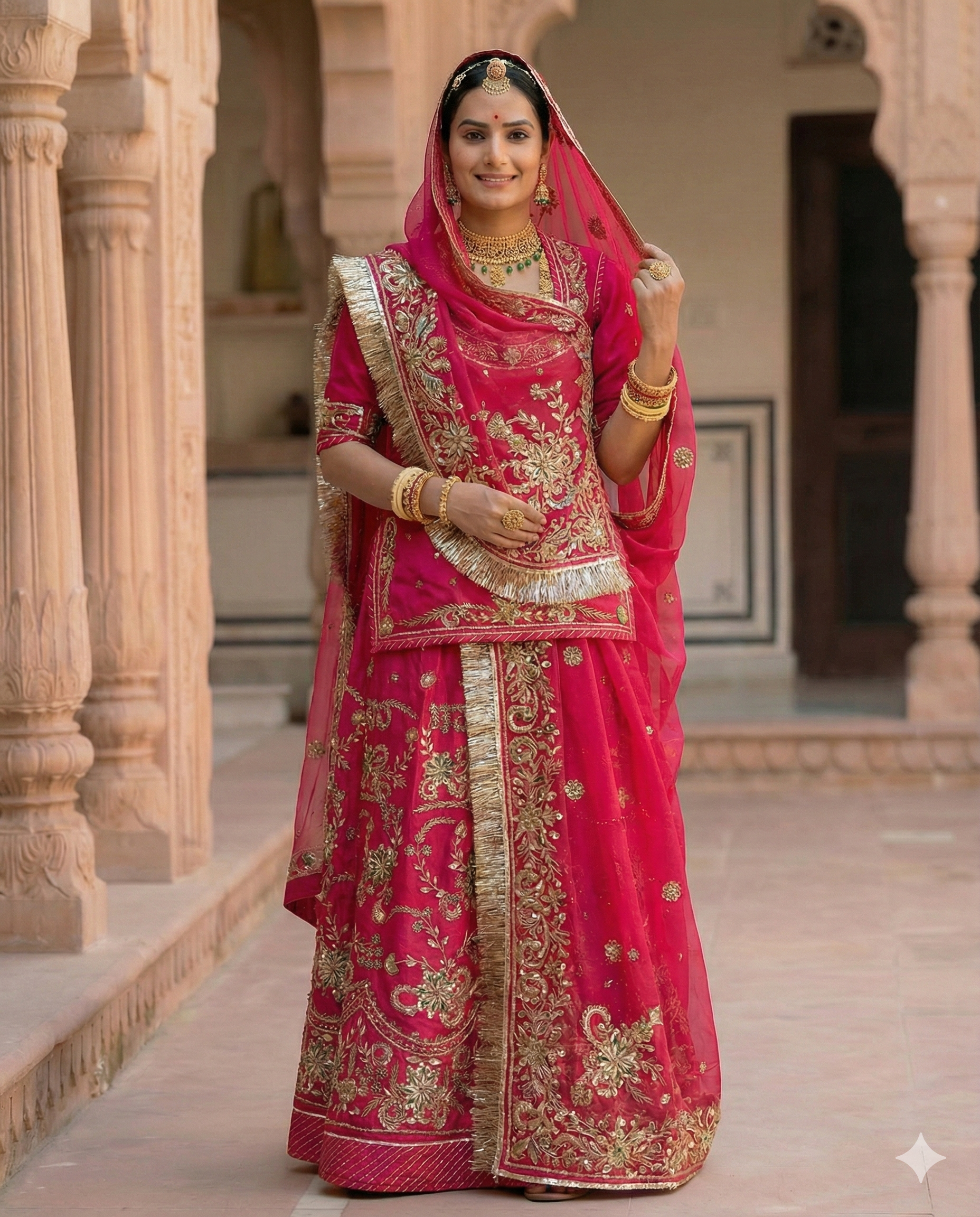 Woman in a traditional pink and gold embroidered outfit standing in an architectural setting.