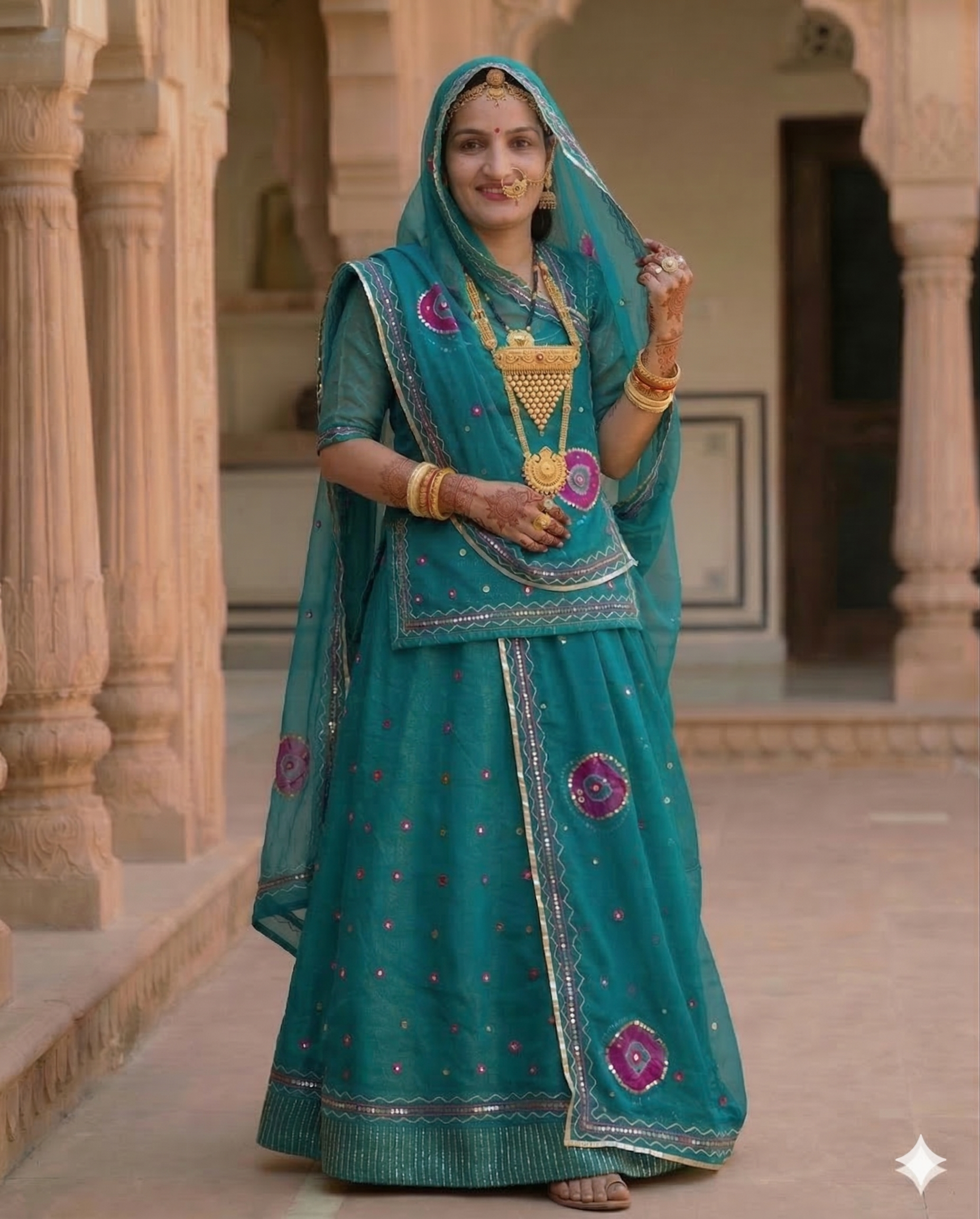 Seagreen Rajputi Mukesh Tari Suit with Pure Odhni – Traditional Rajasthani Ethnic Wear for Women