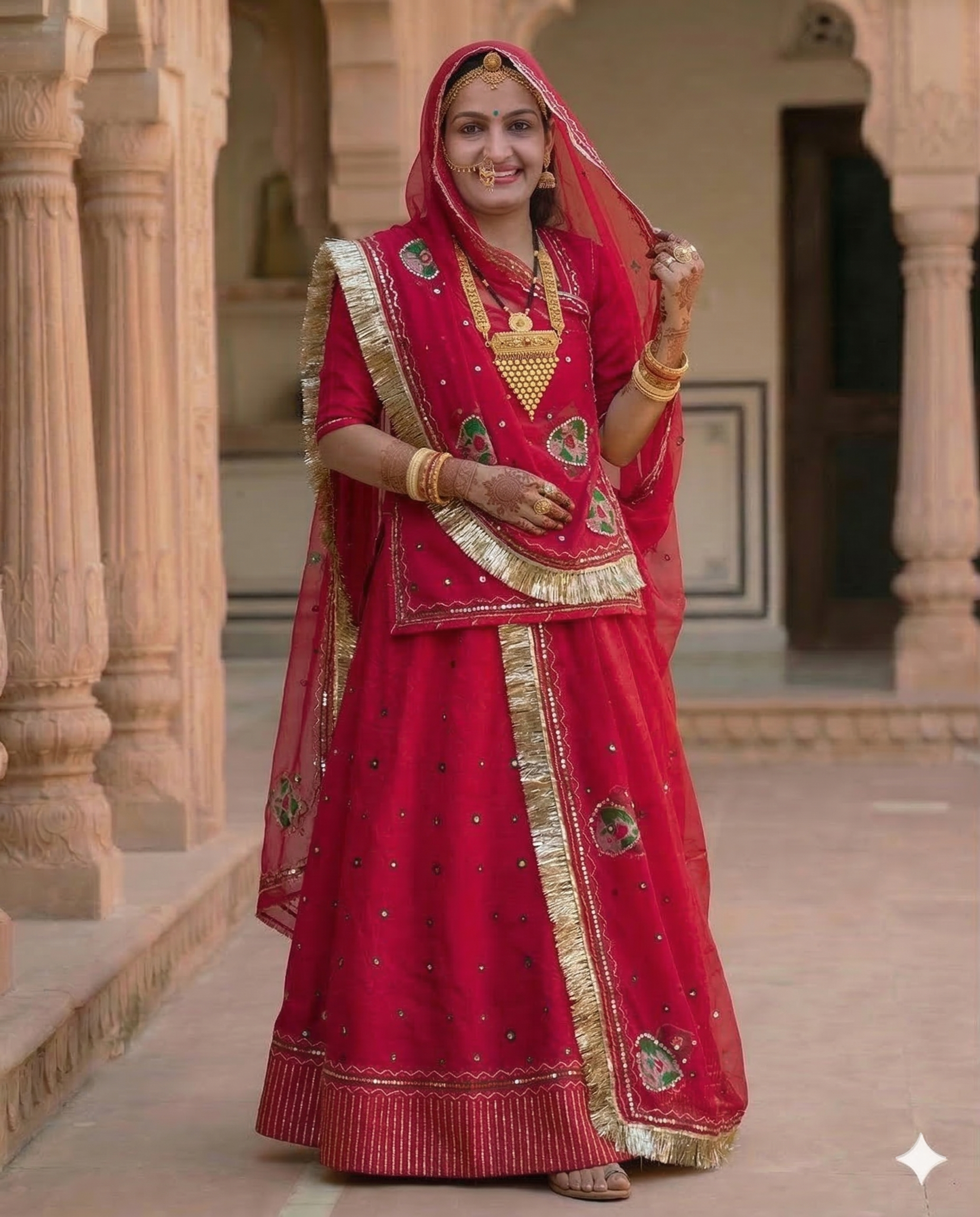 Woman in a traditional red and gold outfit standing in an architectural setting.