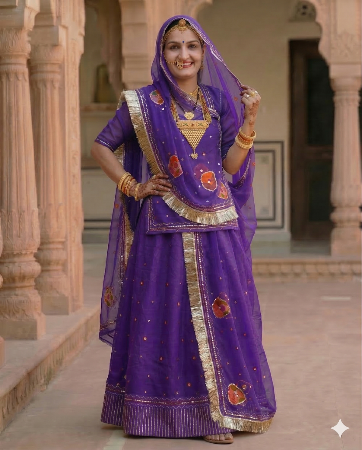 Woman in a traditional purple outfit with gold accents standing in an architectural setting.
