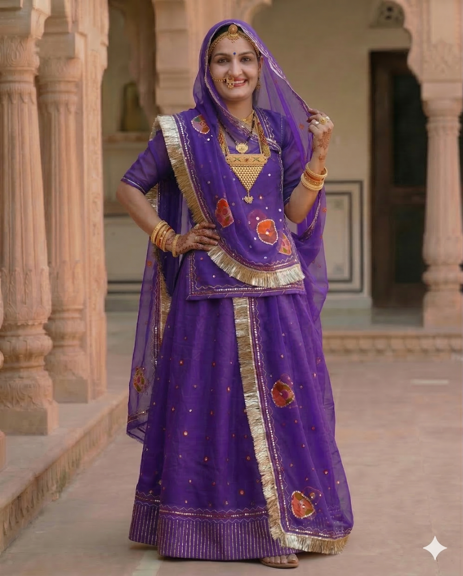 Woman in a traditional purple outfit with gold accents standing in an architectural setting.